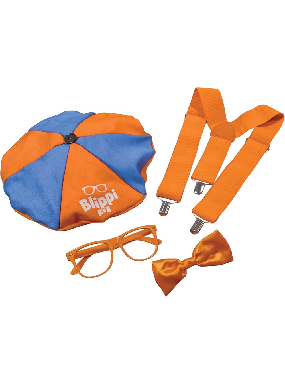 Blippi NWT Adult Costume Set Hat Glasses Suspenders Bow Tie Orange Blue